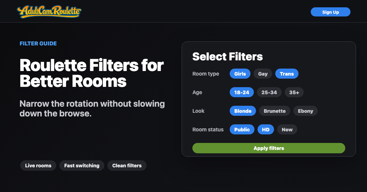 Adult Cam Roulette filter panel for girls, gay, trans, age, look, and room status